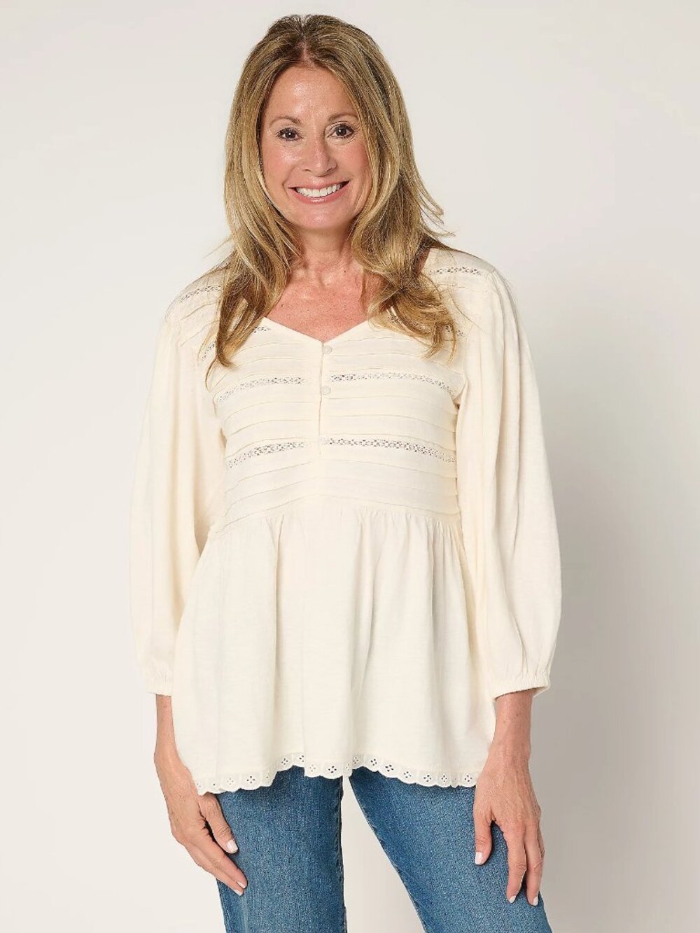 LOGO by Lori Goldstein 100% Cotton Top with Pintucks, Ivory Lace Sz 3X a692534